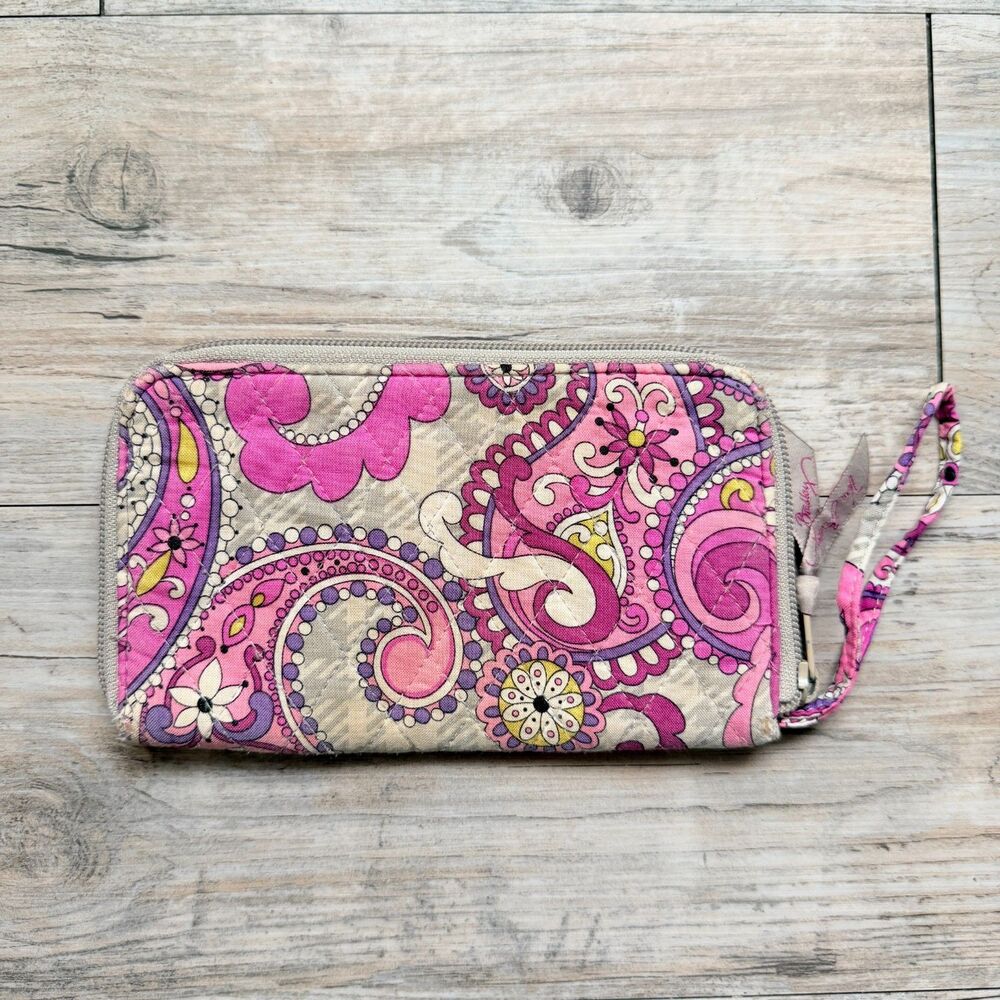 Vera Bradley Paisley Meets Plaid Wristlet Wallet Pink Y2K Vintage Zip Around